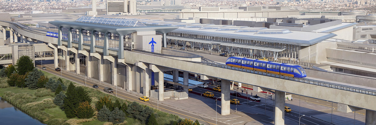 A modern transit station featuring an elevated train track and a blue train, with city buildings in the background.